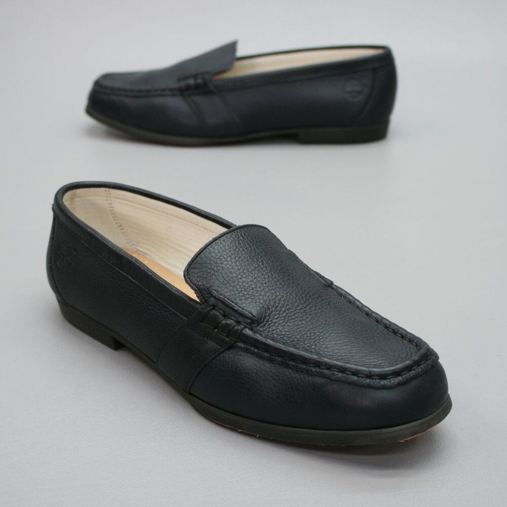 Timberland Ladies 8.5 Black leather Slip-on Moc-toe Shoes Loafers Italy - 34325